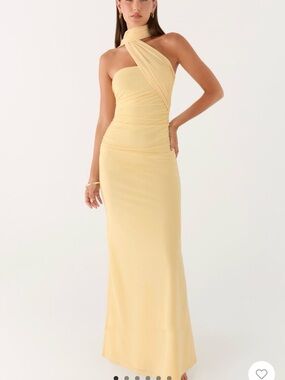 Peppermayo Pale Yellow Asymmetric Halter Maxi Dress